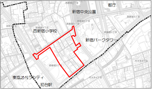 西新宿三丁目西地区第一種市街地再開発事業の位置図